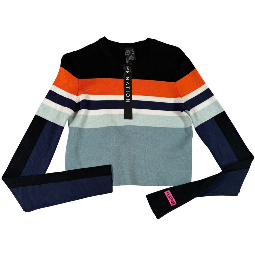 PE Nation High Dive Striped Wool Cotton Knit Quarter Zip Long Sleeve Crop Top Sm